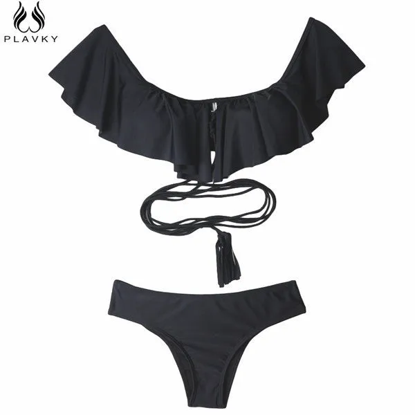 2017 Sexy Off Shoulder Ruffled Bandeau Thong Biquini Strappy Swimsuit