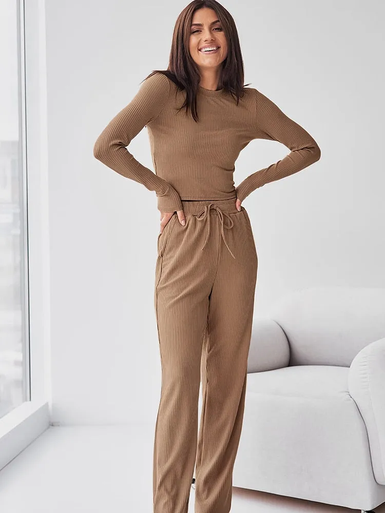 BerriesJam - Knitted Ribbed Long Sleeve O Neck Loungeweareck Loungewear