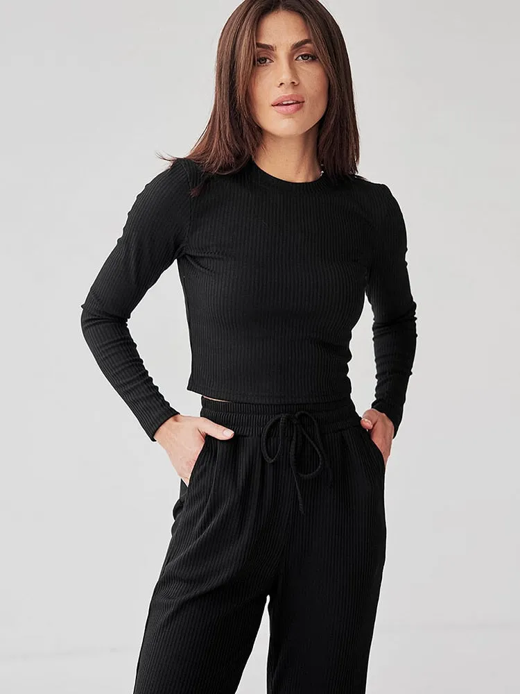 BerriesJam - Knitted Ribbed Long Sleeve O Neck Loungeweareck Loungewear