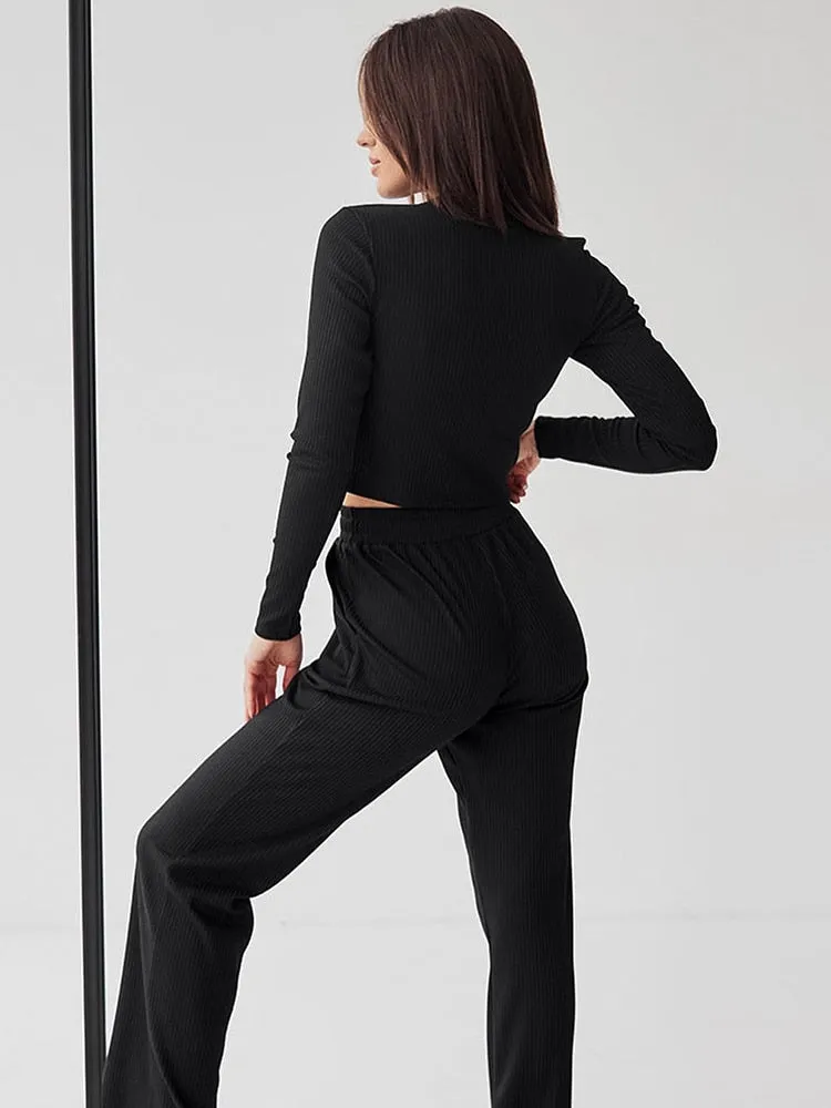 BerriesJam - Knitted Ribbed Long Sleeve O Neck Loungeweareck Loungewear