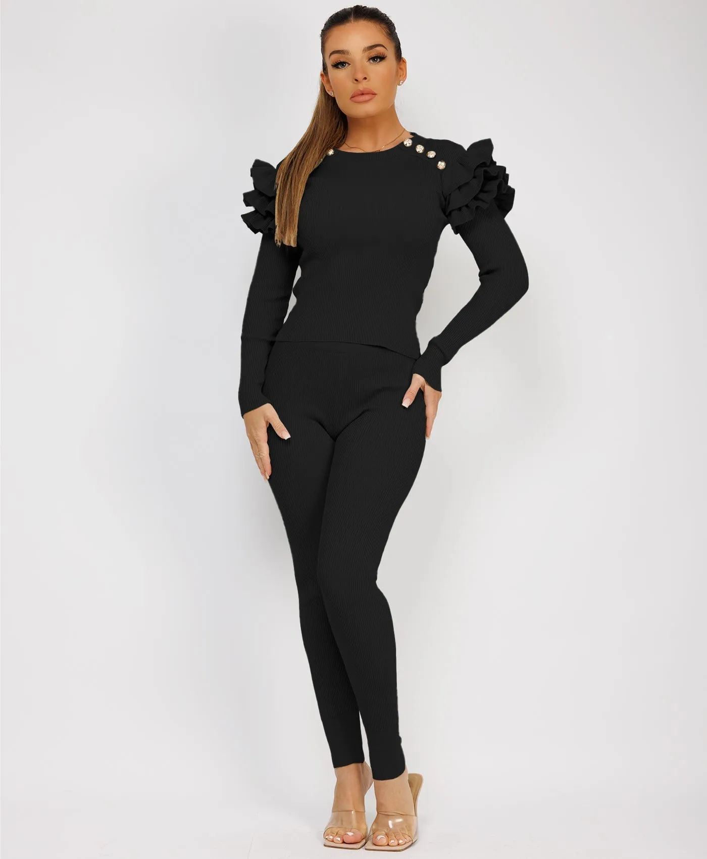 Black Ribbed Knitted Ruffle Button Loungewear Set