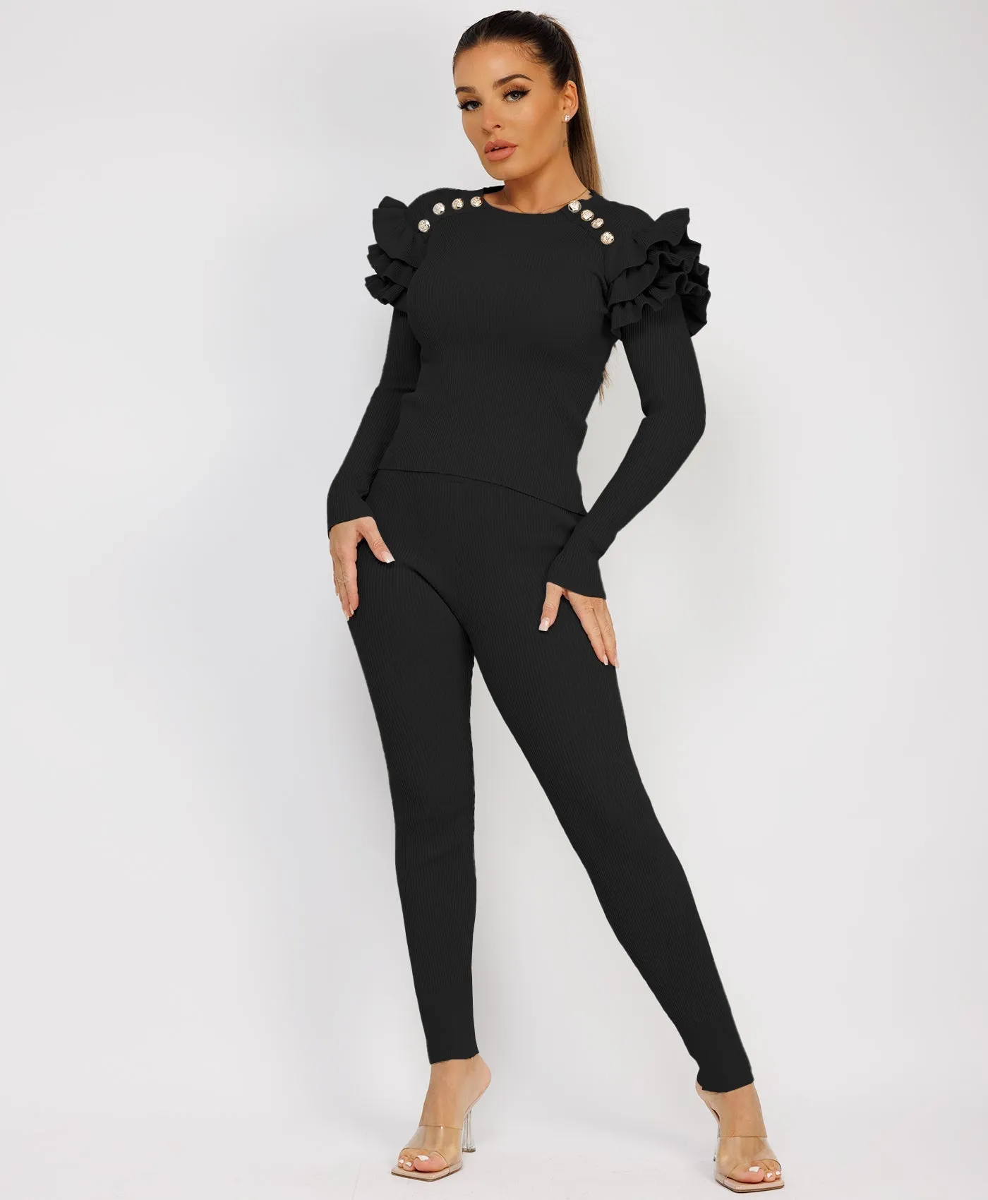Black Ribbed Knitted Ruffle Button Loungewear Set