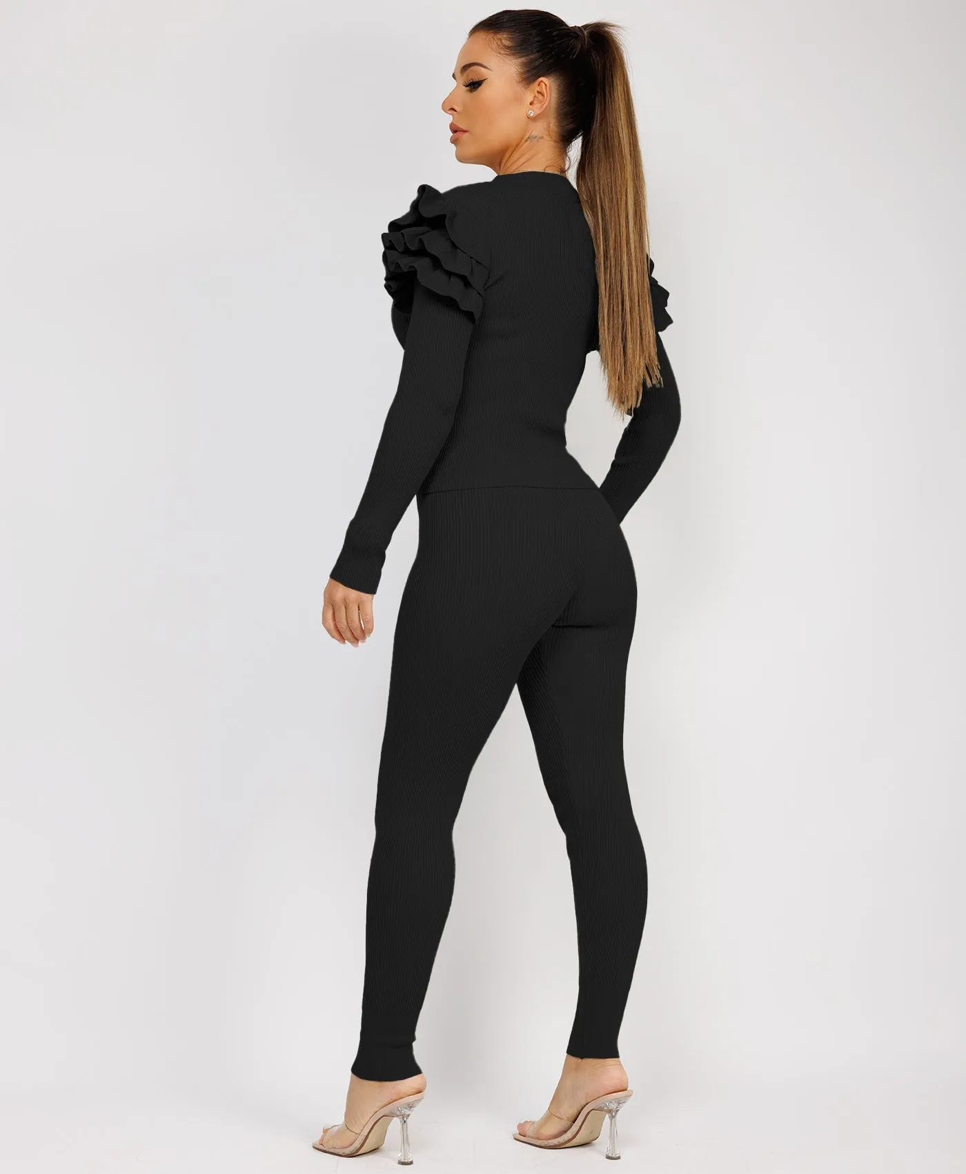 Black Ribbed Knitted Ruffle Button Loungewear Set