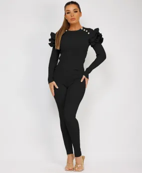 Black Ribbed Knitted Ruffle Button Loungewear Set