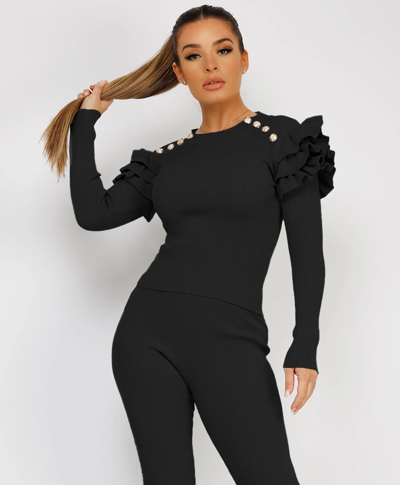 Black Ribbed Knitted Ruffle Button Loungewear Set