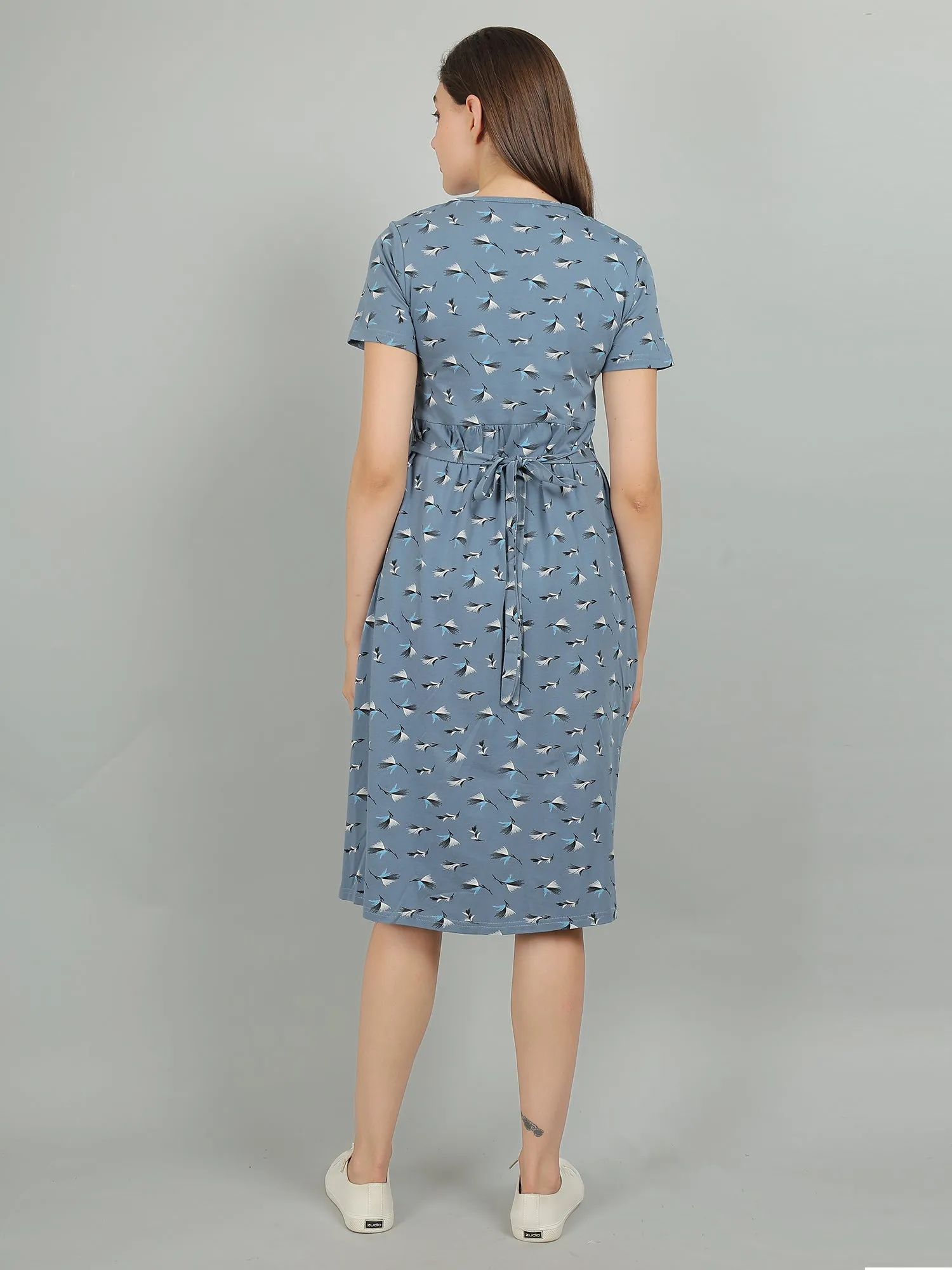 Blue Knitted Cotton Maternity Loungewear Dress
