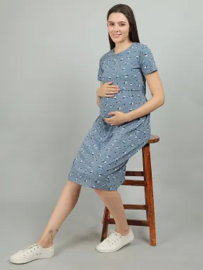 Blue Knitted Cotton Maternity Loungewear Dress