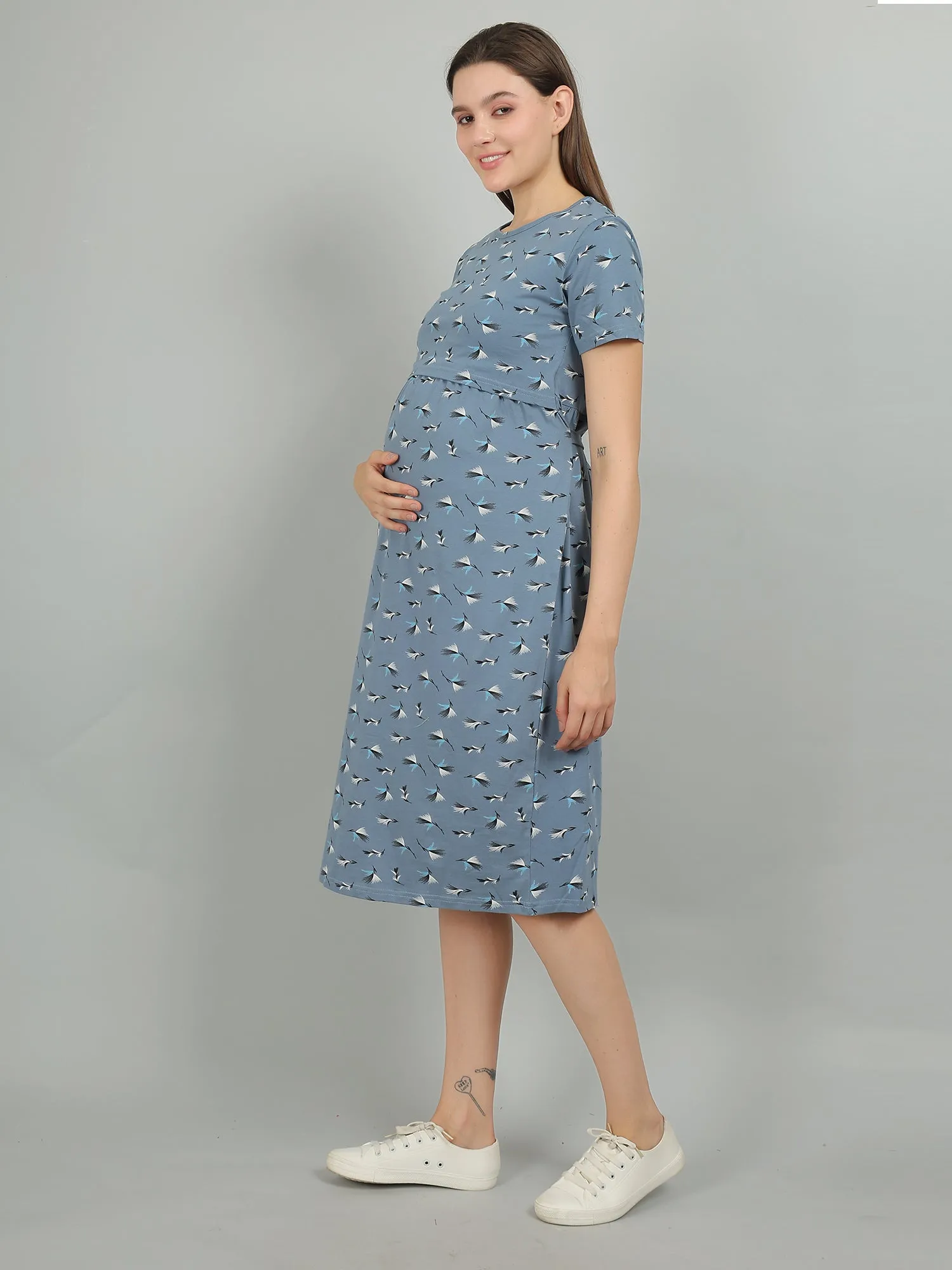 Blue Knitted Cotton Maternity Loungewear Dress