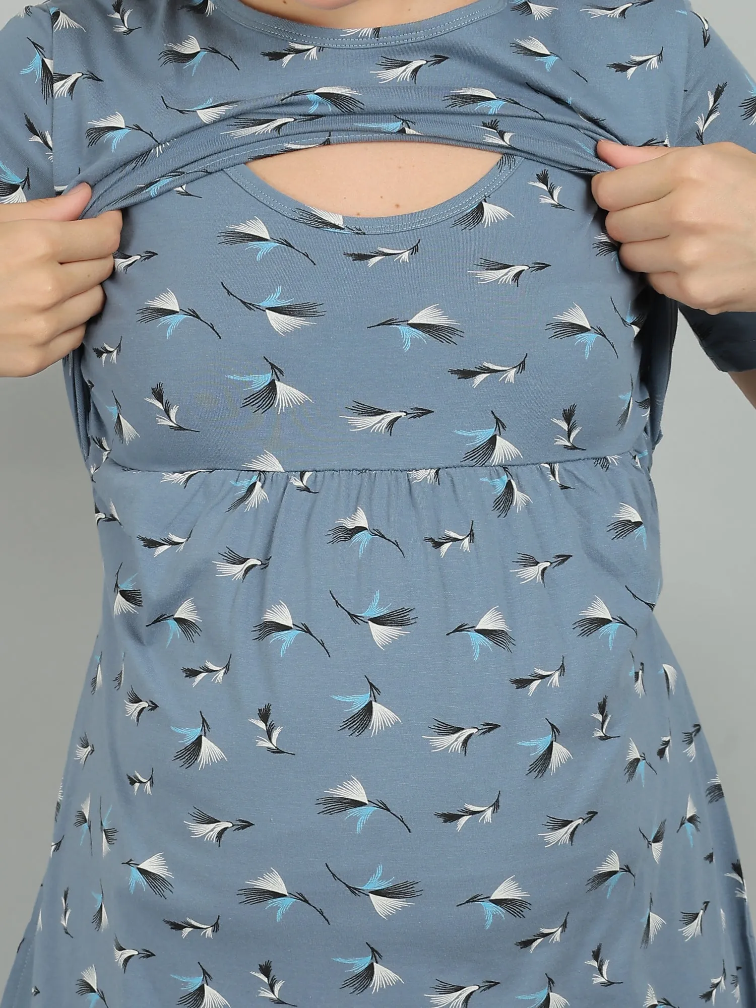 Blue Knitted Cotton Maternity Loungewear Dress