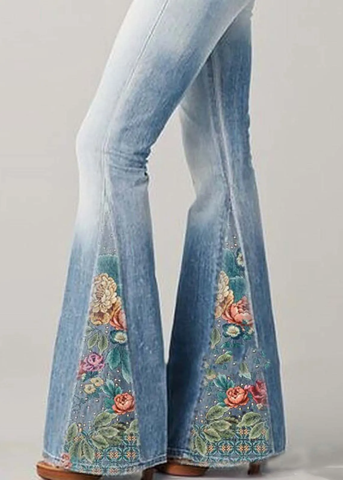 Bohemian Blue High Waist Patchwork Print Denim Flare Bottoms Summer LY4026