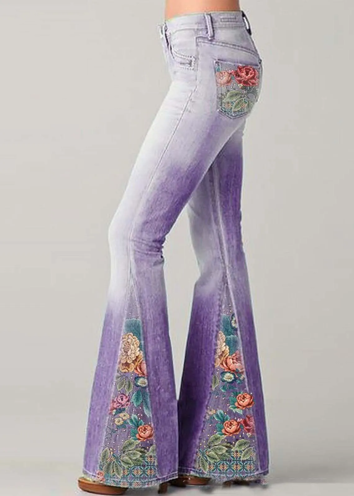 Bohemian Blue High Waist Patchwork Print Denim Flare Bottoms Summer LY4026