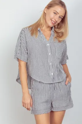Cotton Gauze Striped Shirt Top & Shorts Set