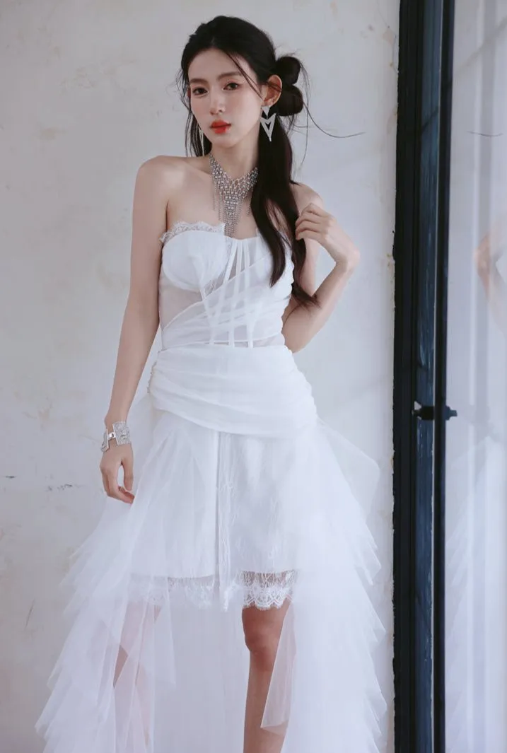 DOLLY Elegant White Two Piece Bandeau Wedding Dress-MUNA