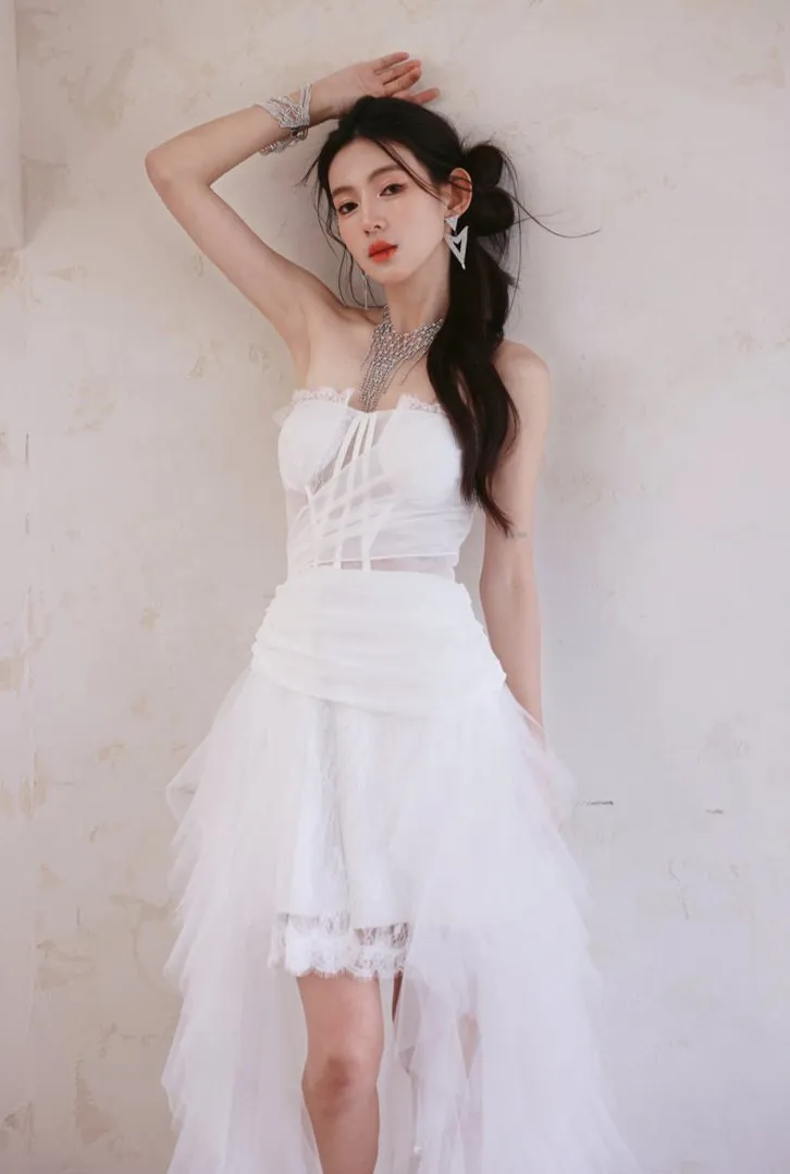 DOLLY Elegant White Two Piece Bandeau Wedding Dress-MUNA
