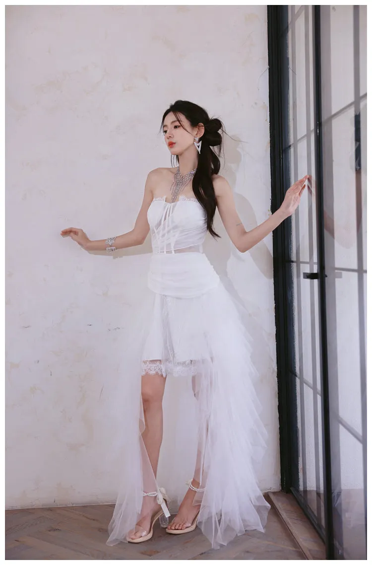 DOLLY Elegant White Two Piece Bandeau Wedding Dress-MUNA