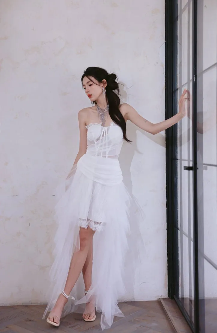 DOLLY Elegant White Two Piece Bandeau Wedding Dress-MUNA