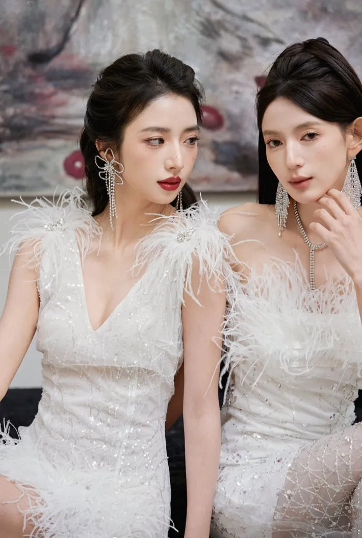DOLLY Luxury White Fluffy Feather transparent Sequin Birthday bridal Dress-SONIA
