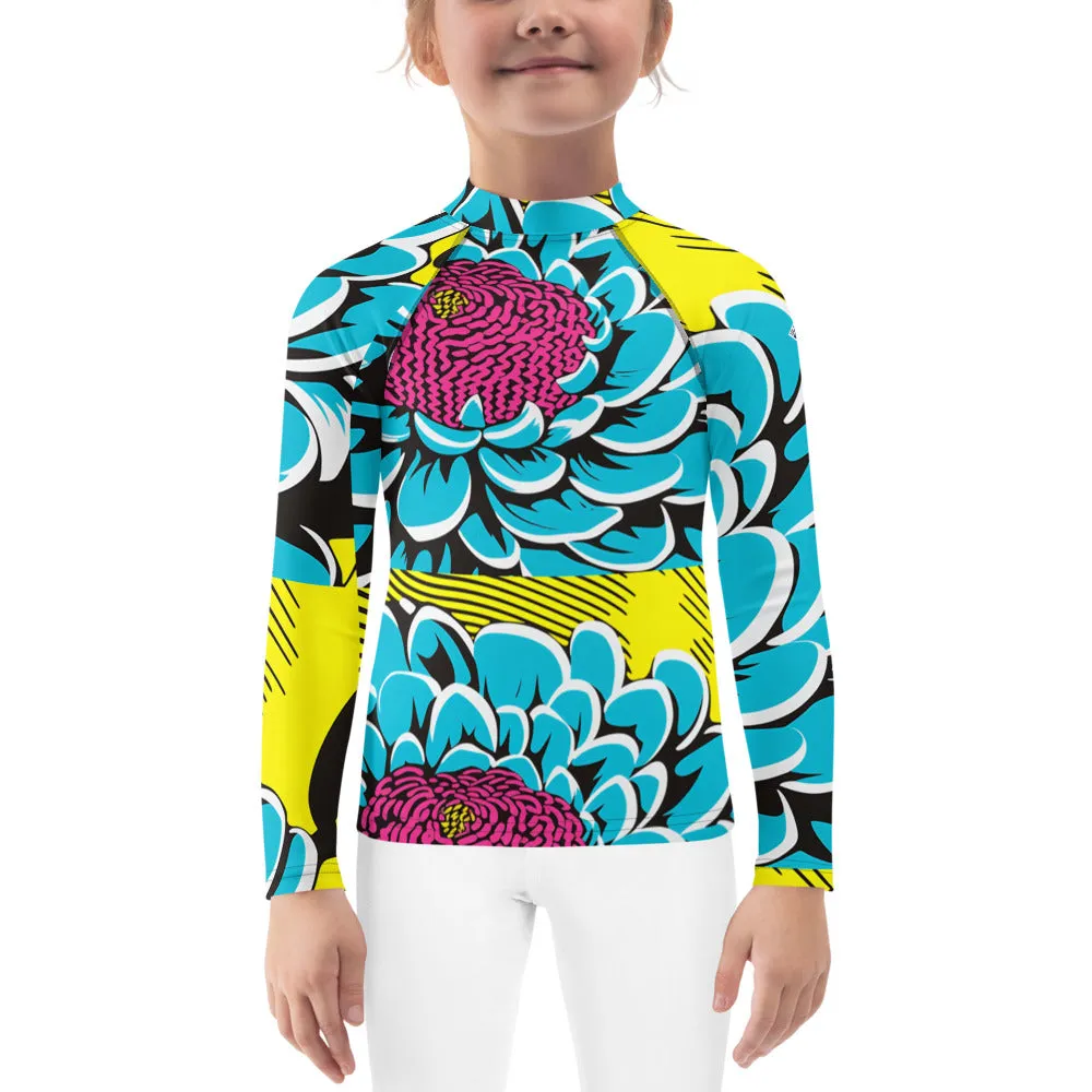 Girl's Pop Art BJJ Long Sleeve Rash Guards - Roy Lichtenstein Inspired Dahlia Print 002
