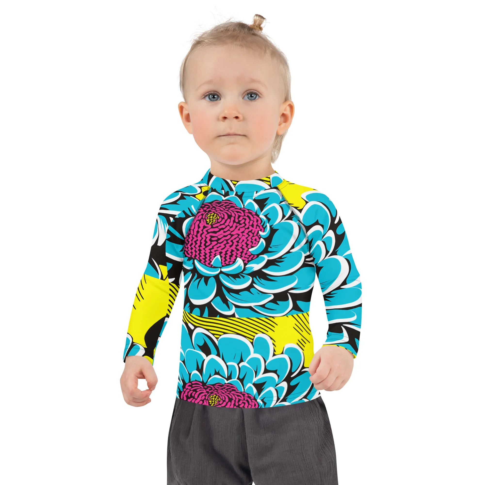 Girl's Pop Art BJJ Long Sleeve Rash Guards - Roy Lichtenstein Inspired Dahlia Print 002