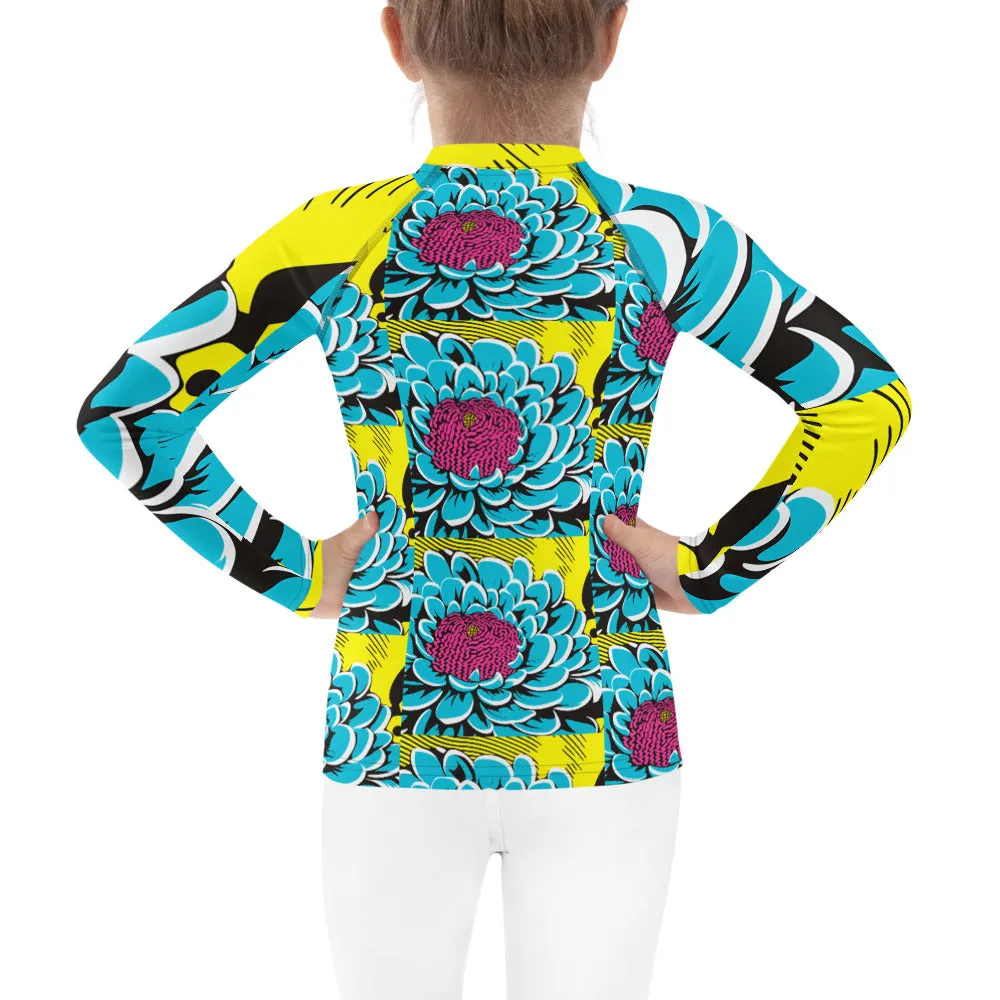 Girl's Pop Art BJJ Long Sleeve Rash Guards - Roy Lichtenstein Inspired Dahlia Print 002