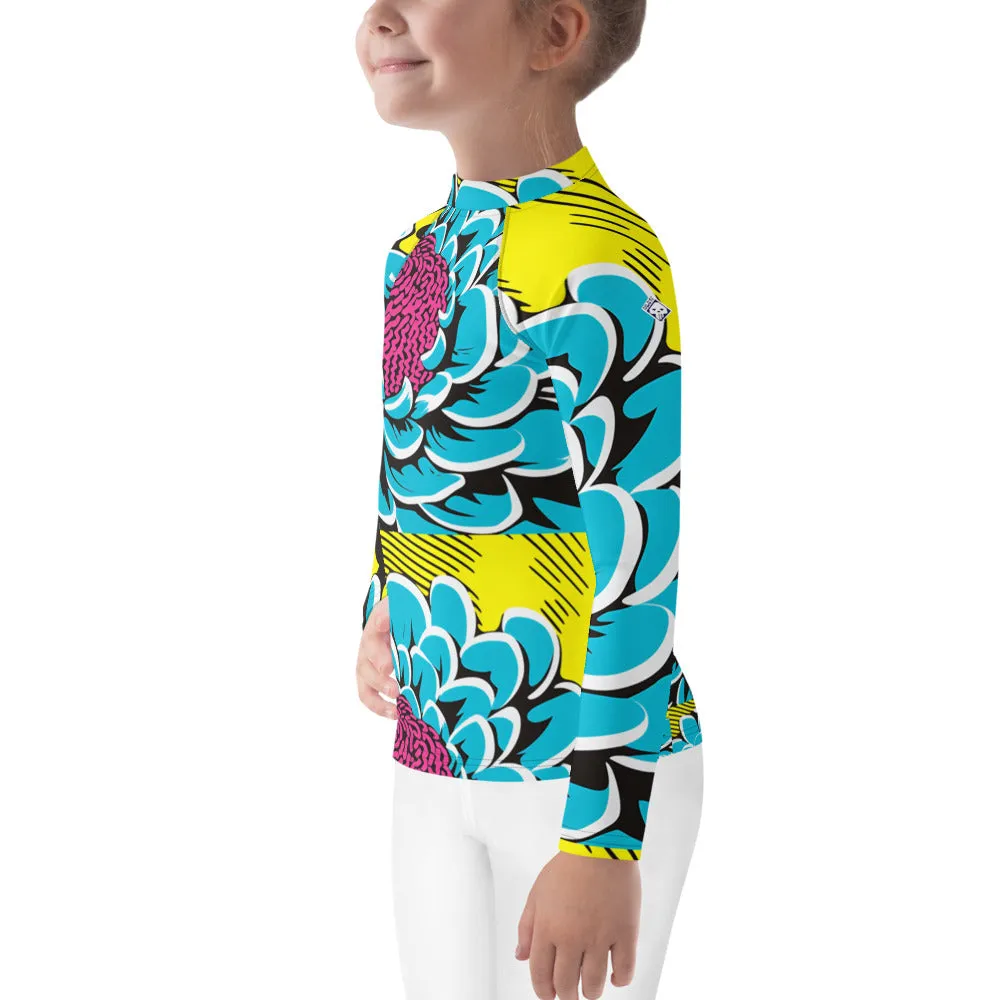 Girl's Pop Art BJJ Long Sleeve Rash Guards - Roy Lichtenstein Inspired Dahlia Print 002