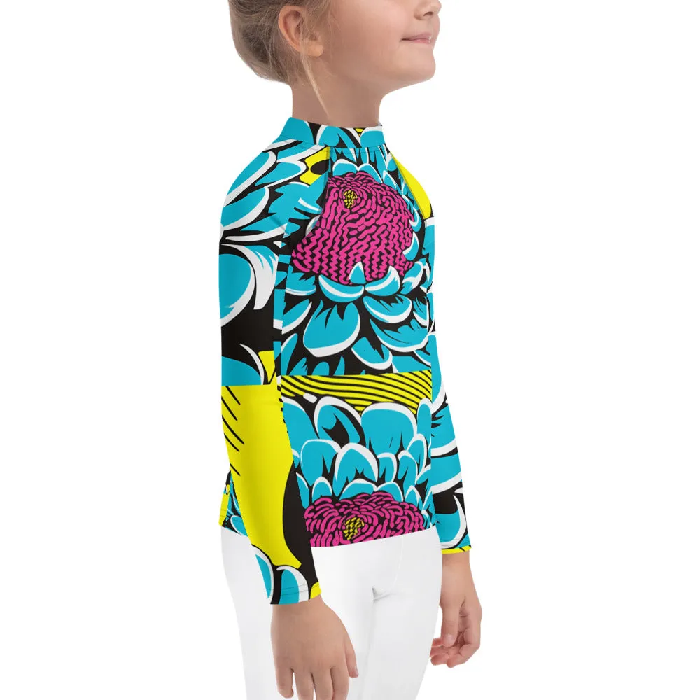 Girl's Pop Art BJJ Long Sleeve Rash Guards - Roy Lichtenstein Inspired Dahlia Print 002