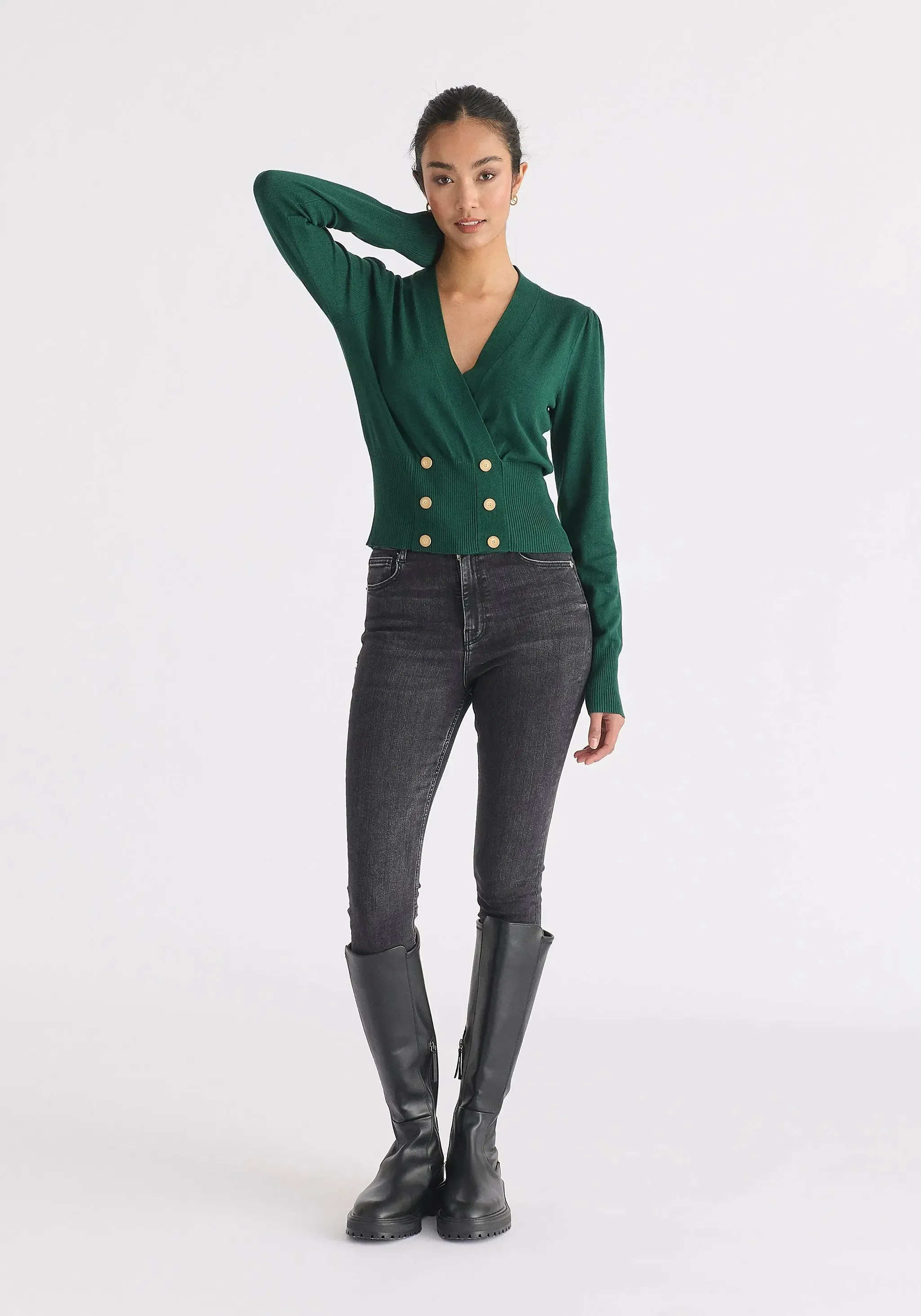Green Long Sleeve Knitted Button Wrap Top