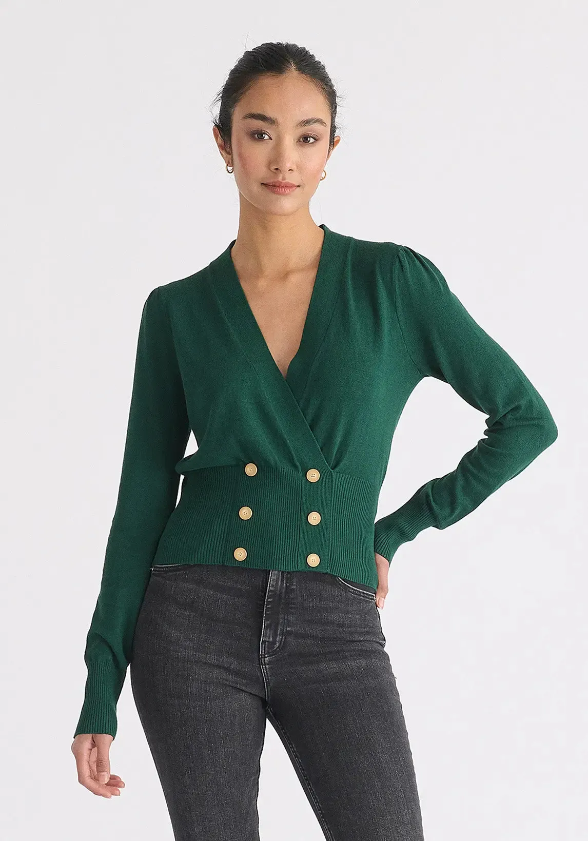 Green Long Sleeve Knitted Button Wrap Top