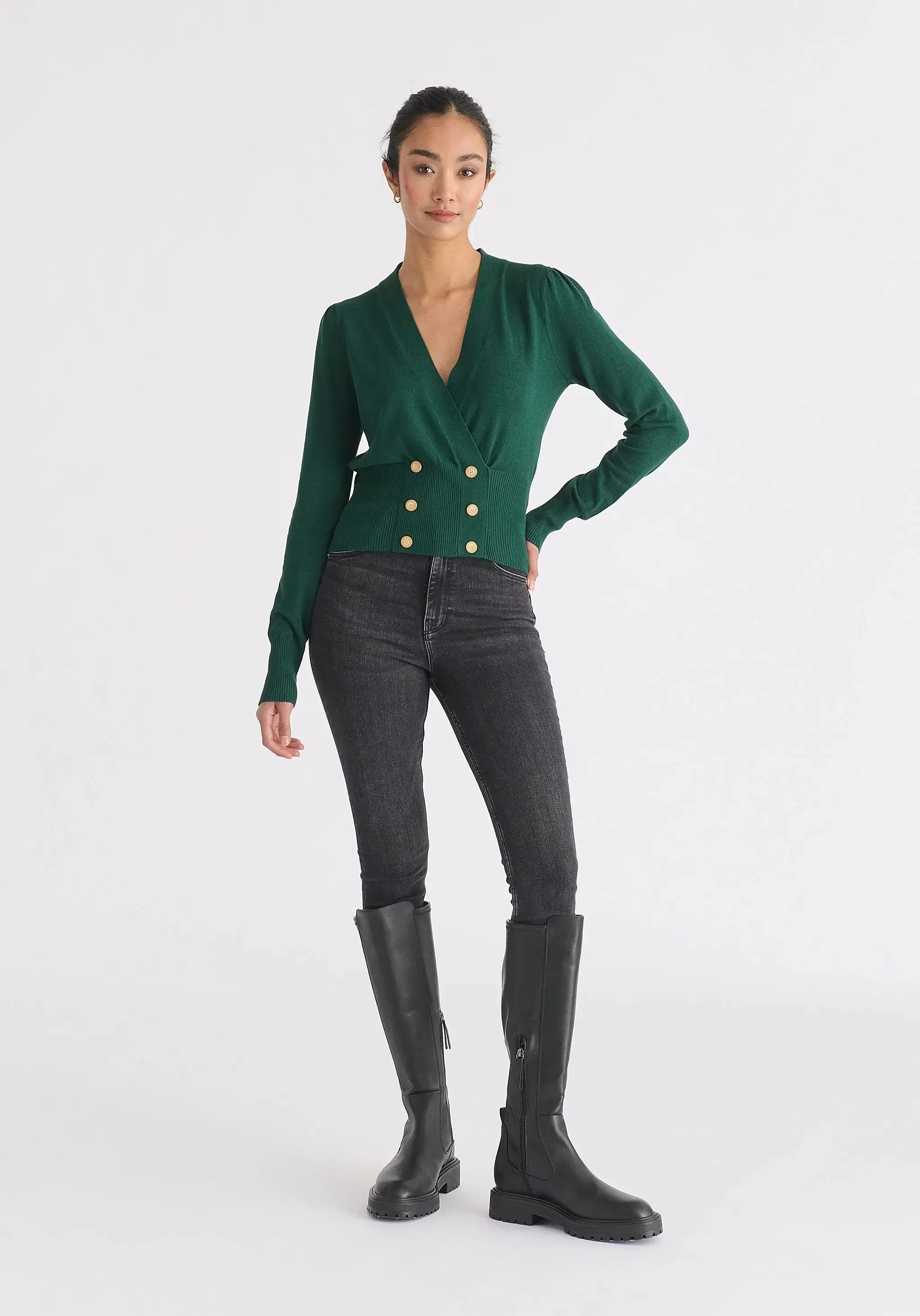 Green Long Sleeve Knitted Button Wrap Top