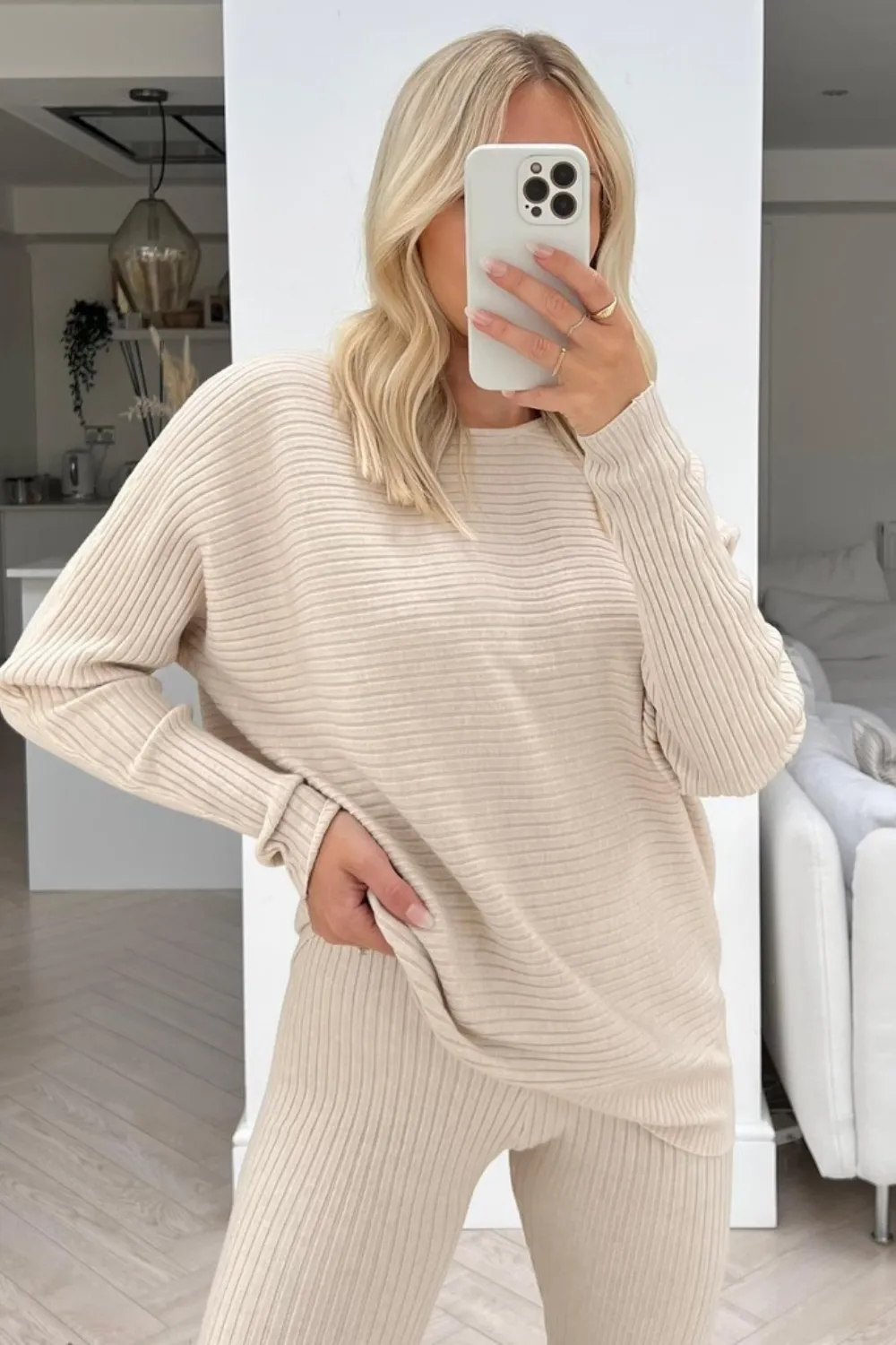 Jade cream ribbed long-sleeve sweater coord