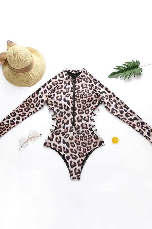 Leopard Cut Out Long Sleeve Zip UPF 50  Rash Guard