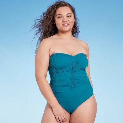 New - Shade & Shore Women's Shirred Bandeau One Piece Swimsuit Full Coverage