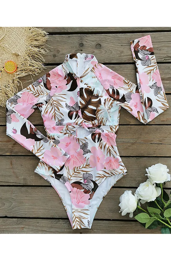 Pink Floral Cut Out Long Sleeve UPF 50  Rash Guard
