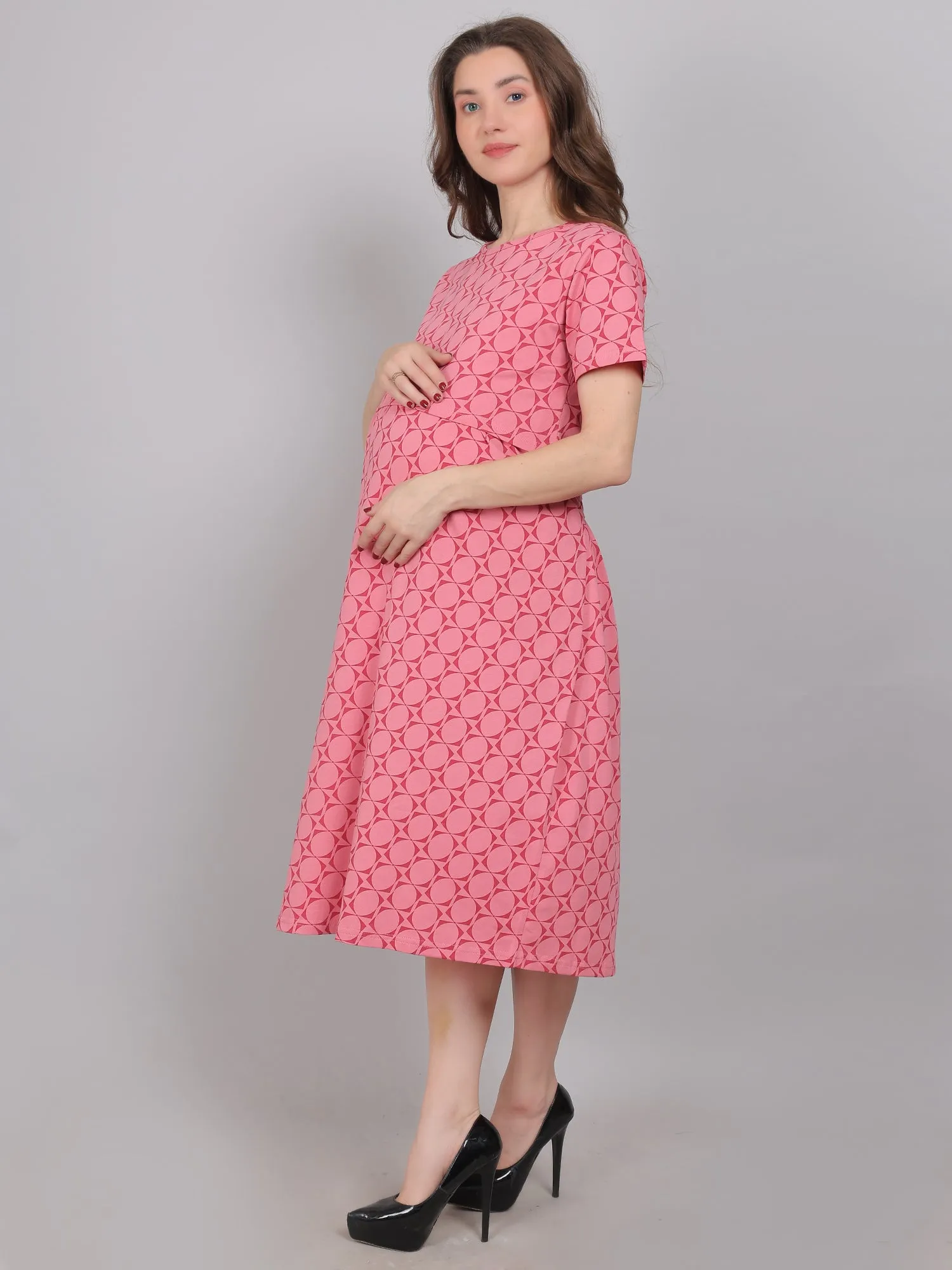 Pink Knitted Cotton Maternity Loungewear Dress