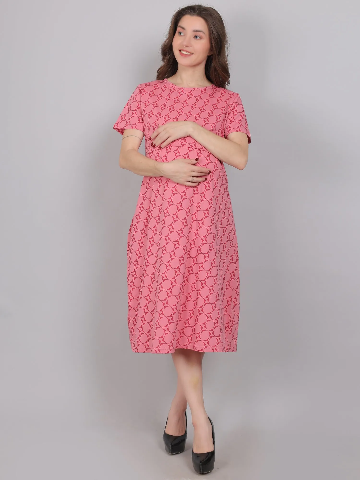 Pink Knitted Cotton Maternity Loungewear Dress