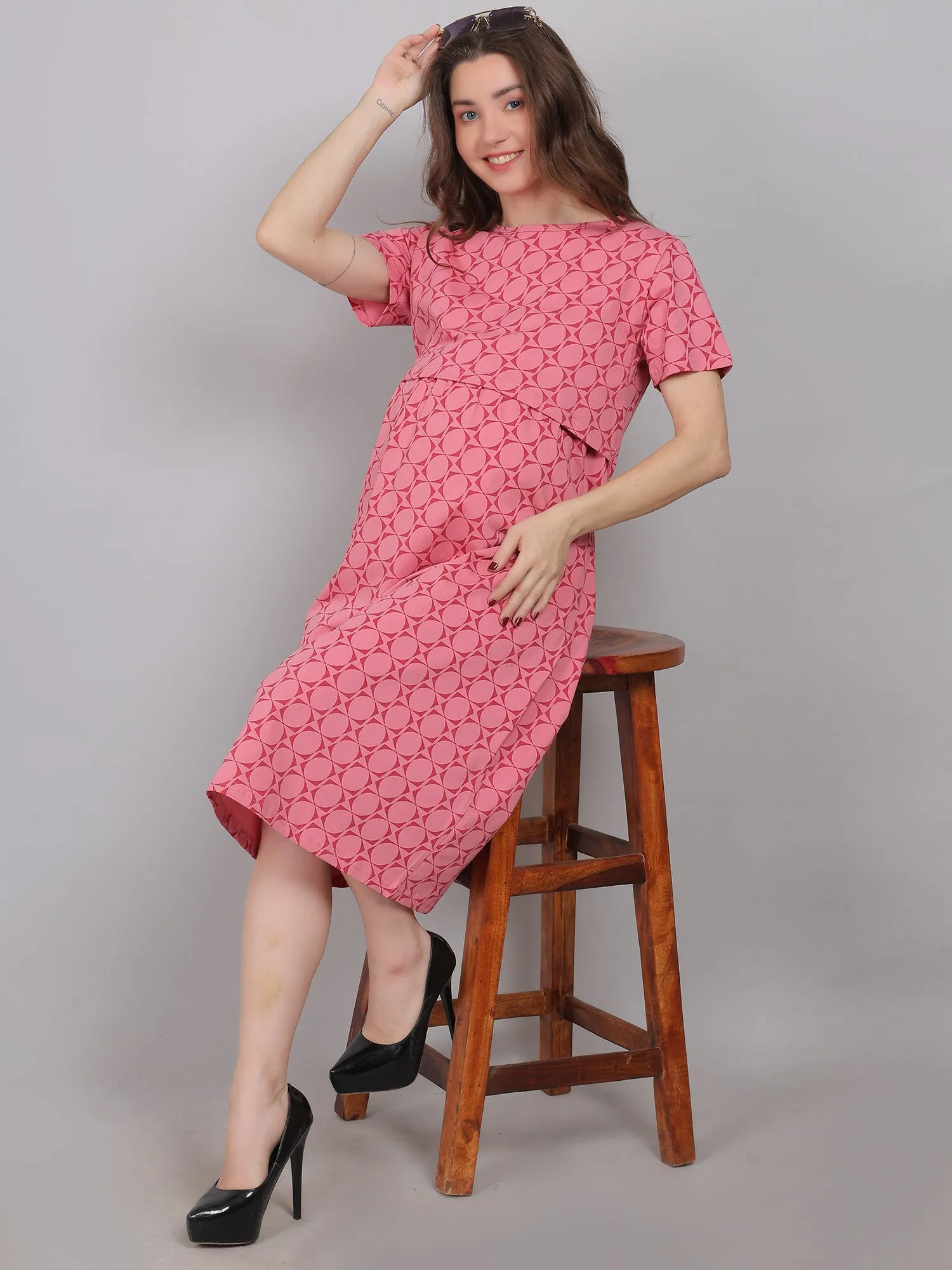 Pink Knitted Cotton Maternity Loungewear Dress