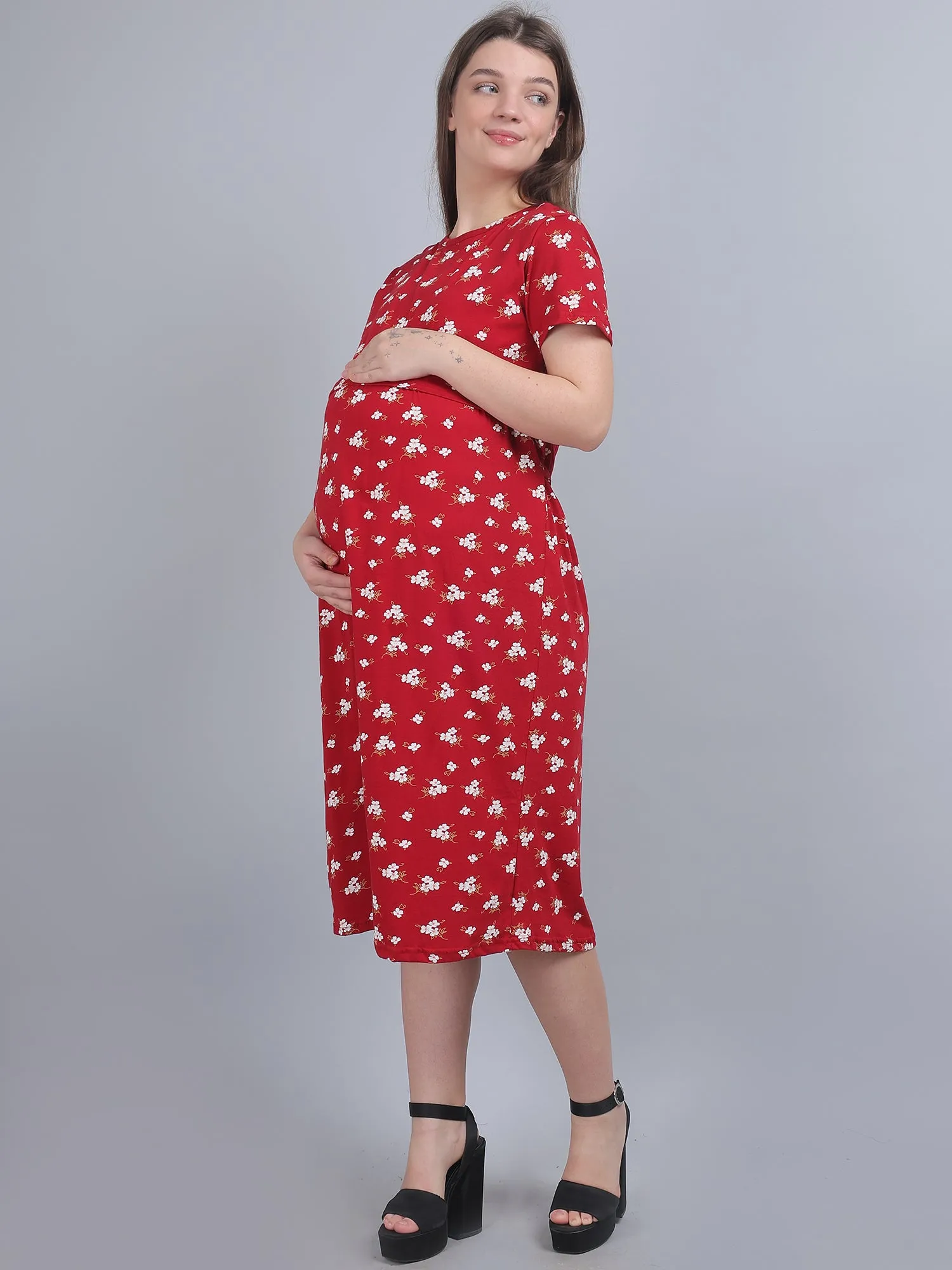 Red Knitted Cotton Maternity Loungewear Dress