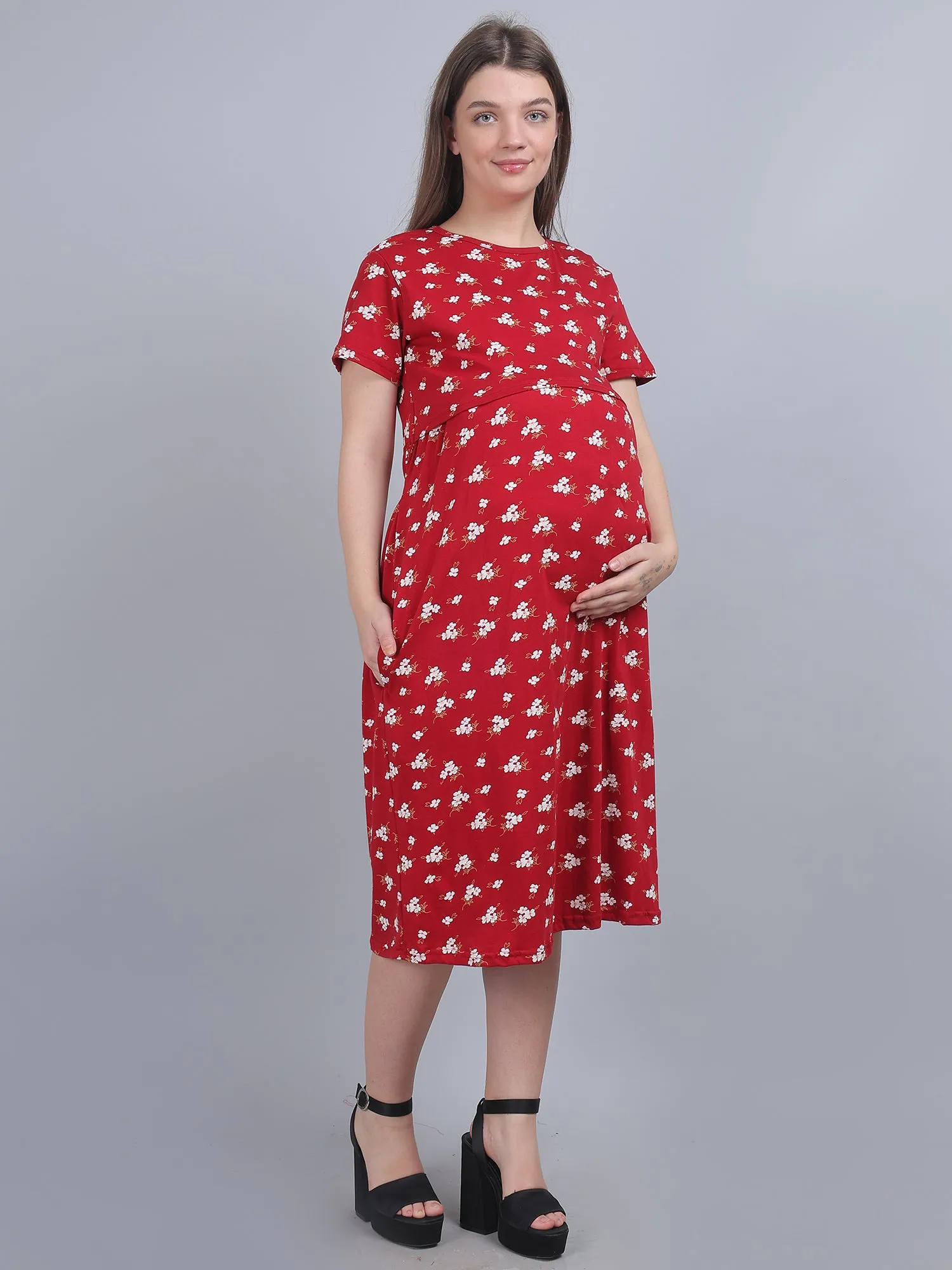 Red Knitted Cotton Maternity Loungewear Dress