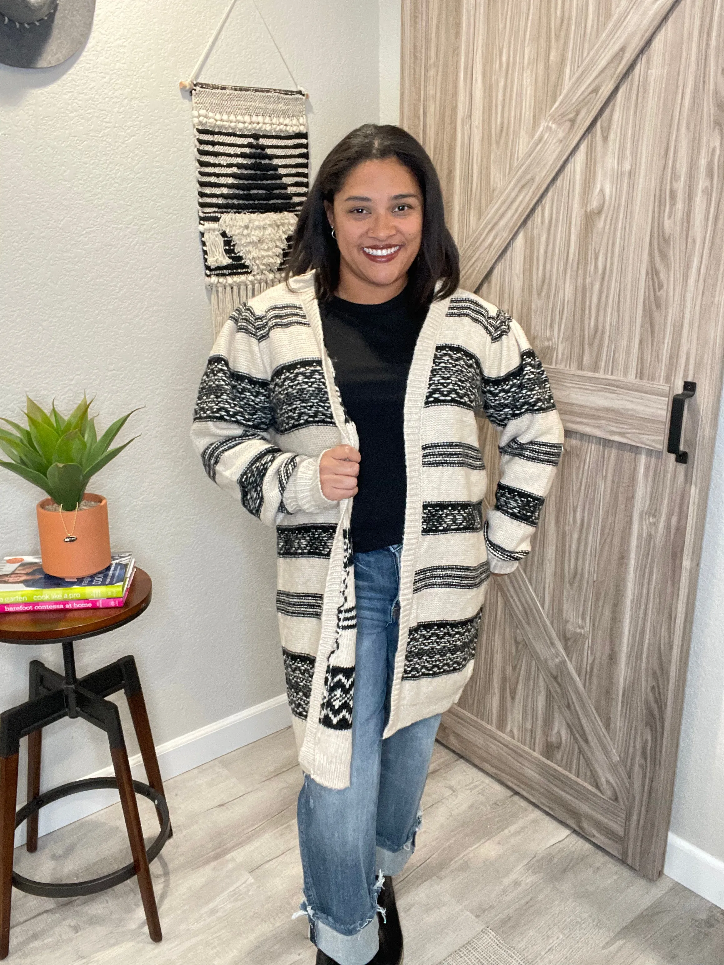 Saltwater Luxe Marsha Cream & Black Patterned Open Cardigan