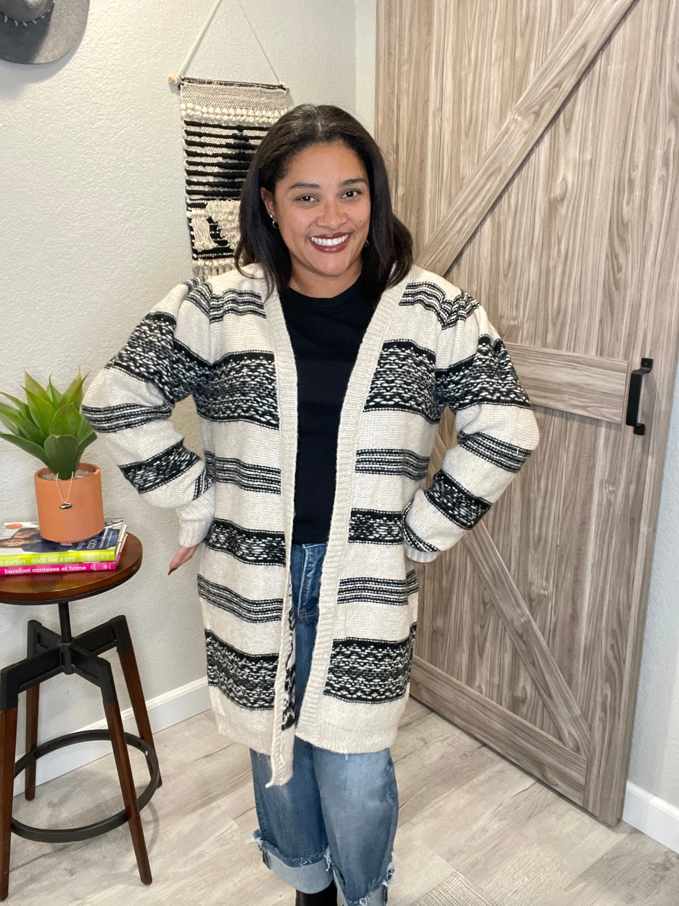 Saltwater Luxe Marsha Cream & Black Patterned Open Cardigan