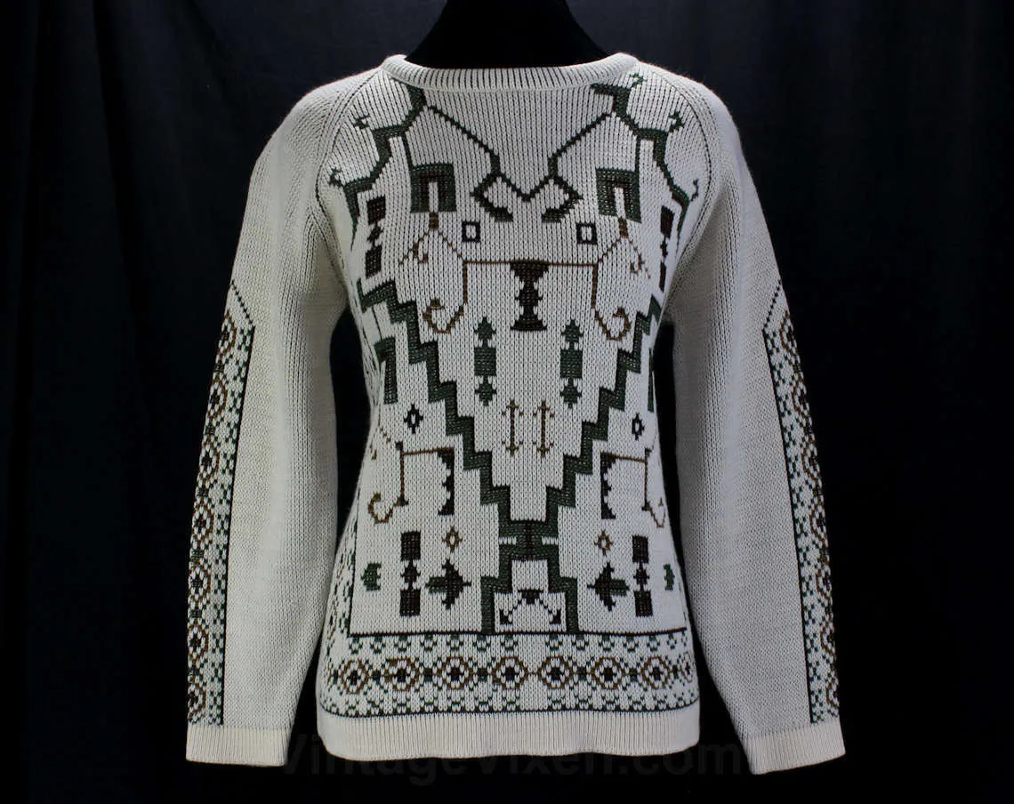 Size 10 1960s Sweater - Magic Carpet Motif 60s Knit Pullover - Floor Rug Style Patterns - Striped Sleeve - Ecru Olive Green Brown - Bust 38