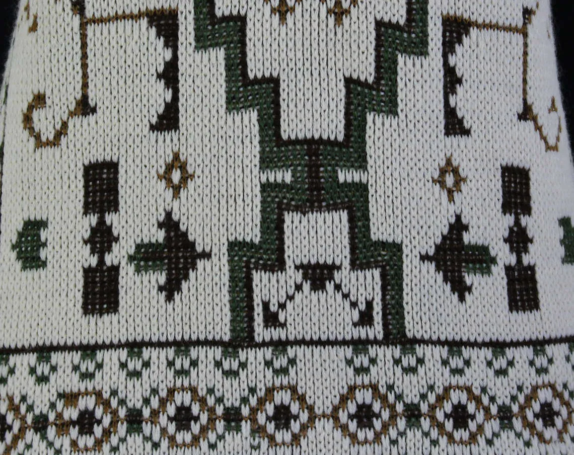 Size 10 1960s Sweater - Magic Carpet Motif 60s Knit Pullover - Floor Rug Style Patterns - Striped Sleeve - Ecru Olive Green Brown - Bust 38