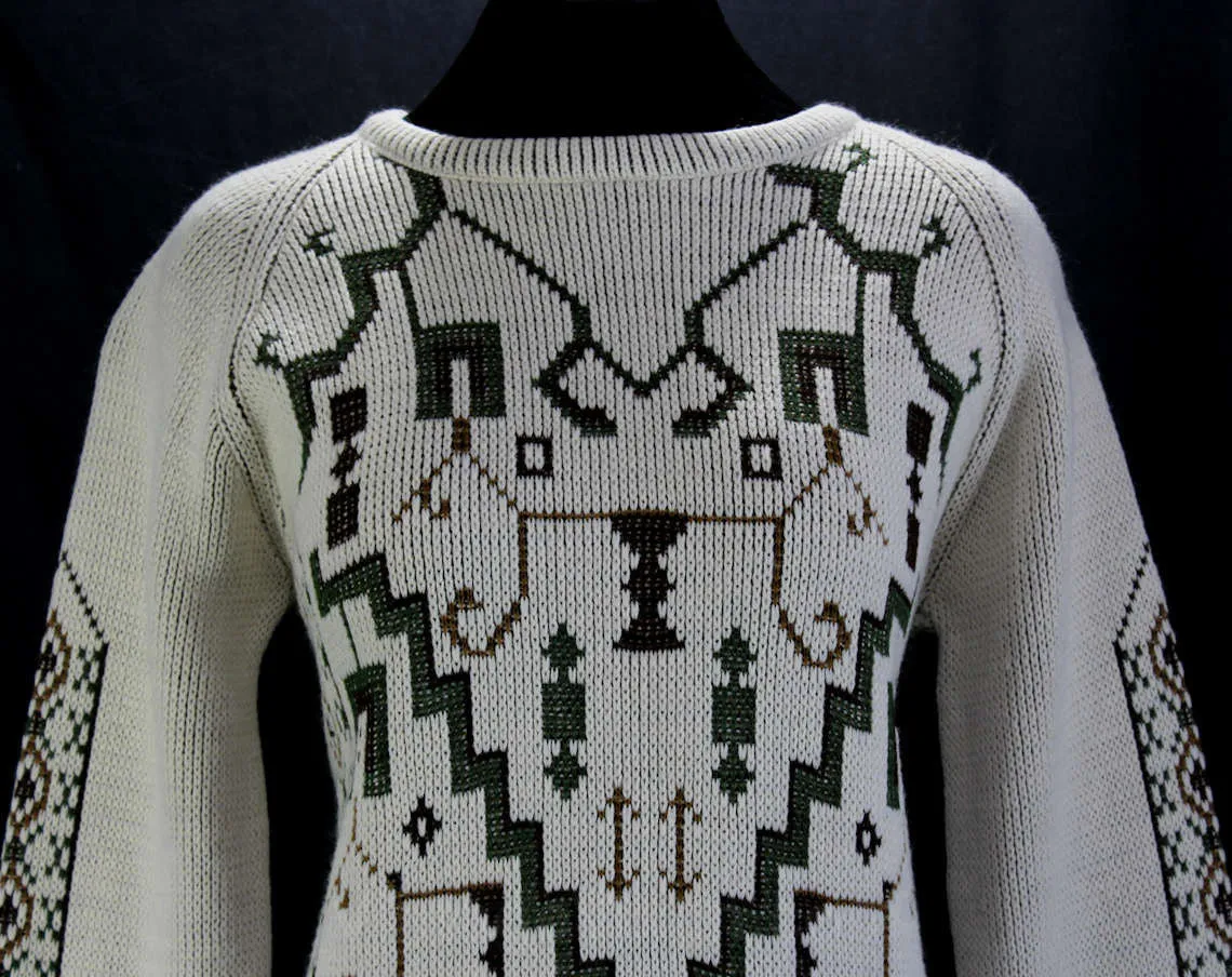 Size 10 1960s Sweater - Magic Carpet Motif 60s Knit Pullover - Floor Rug Style Patterns - Striped Sleeve - Ecru Olive Green Brown - Bust 38