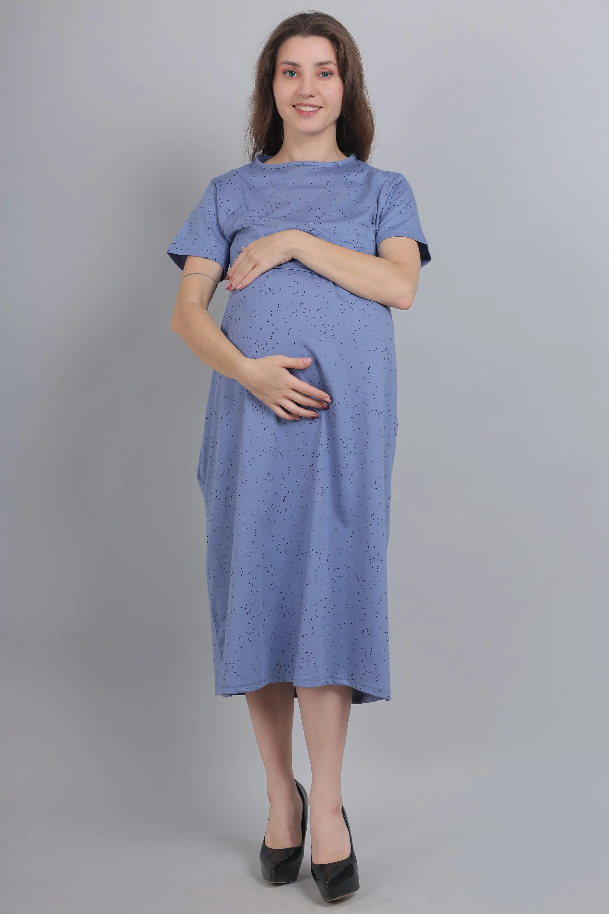 Slate Blue Knitted Cotton Maternity Loungewear Dress