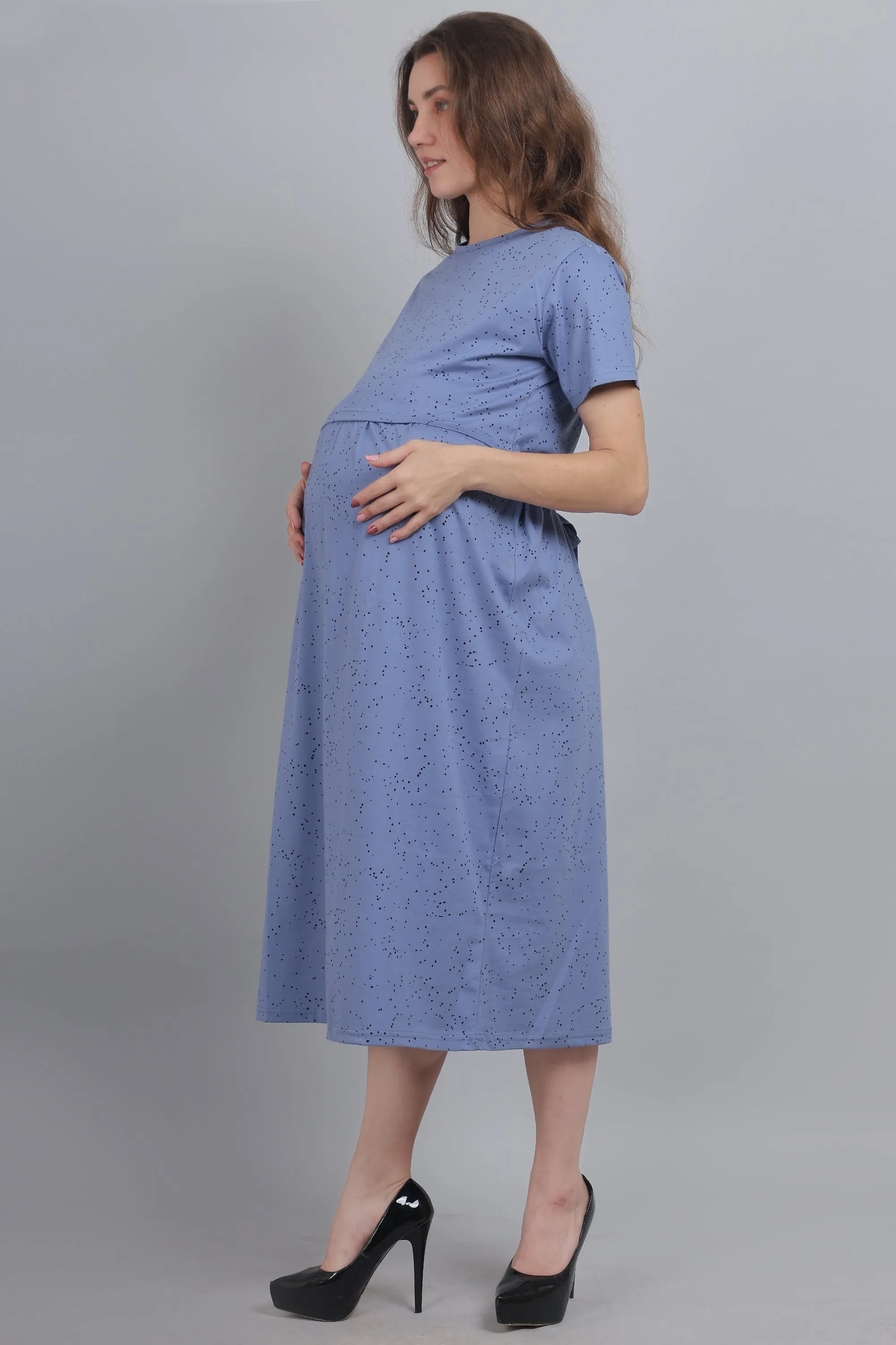 Slate Blue Knitted Cotton Maternity Loungewear Dress