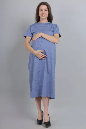 Slate Blue Knitted Cotton Maternity Loungewear Dress
