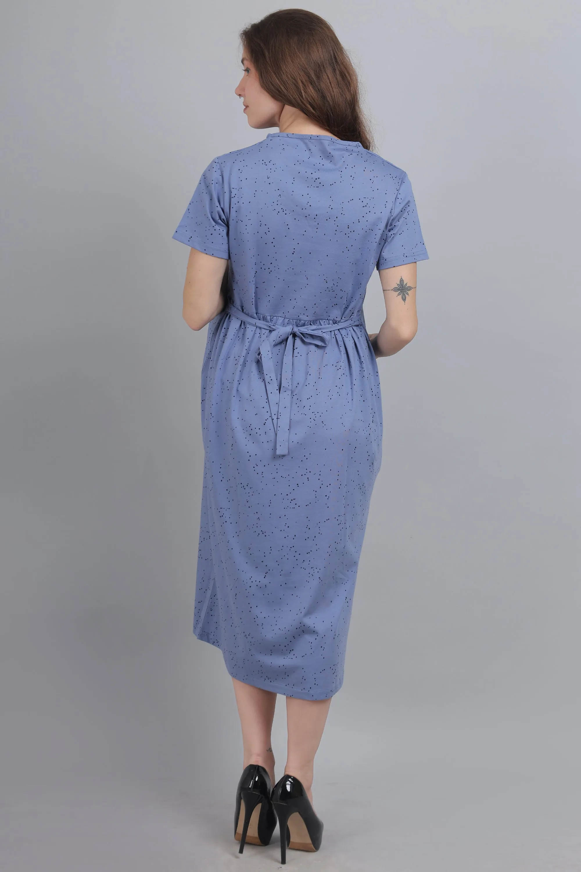 Slate Blue Knitted Cotton Maternity Loungewear Dress