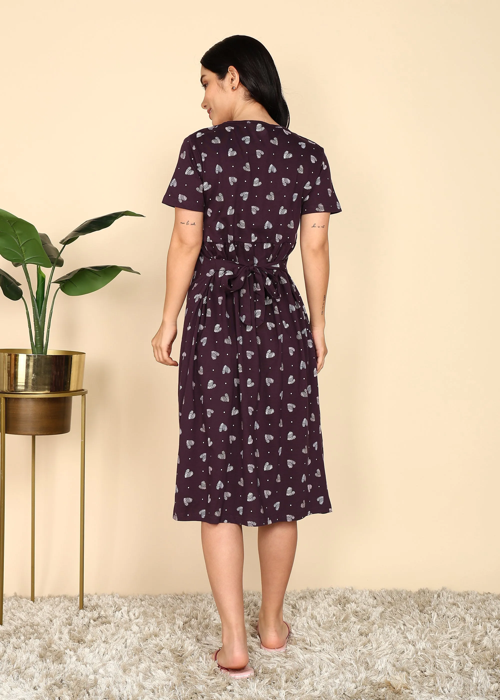 Wine Knitted Cotton Maternity Loungewear Dress
