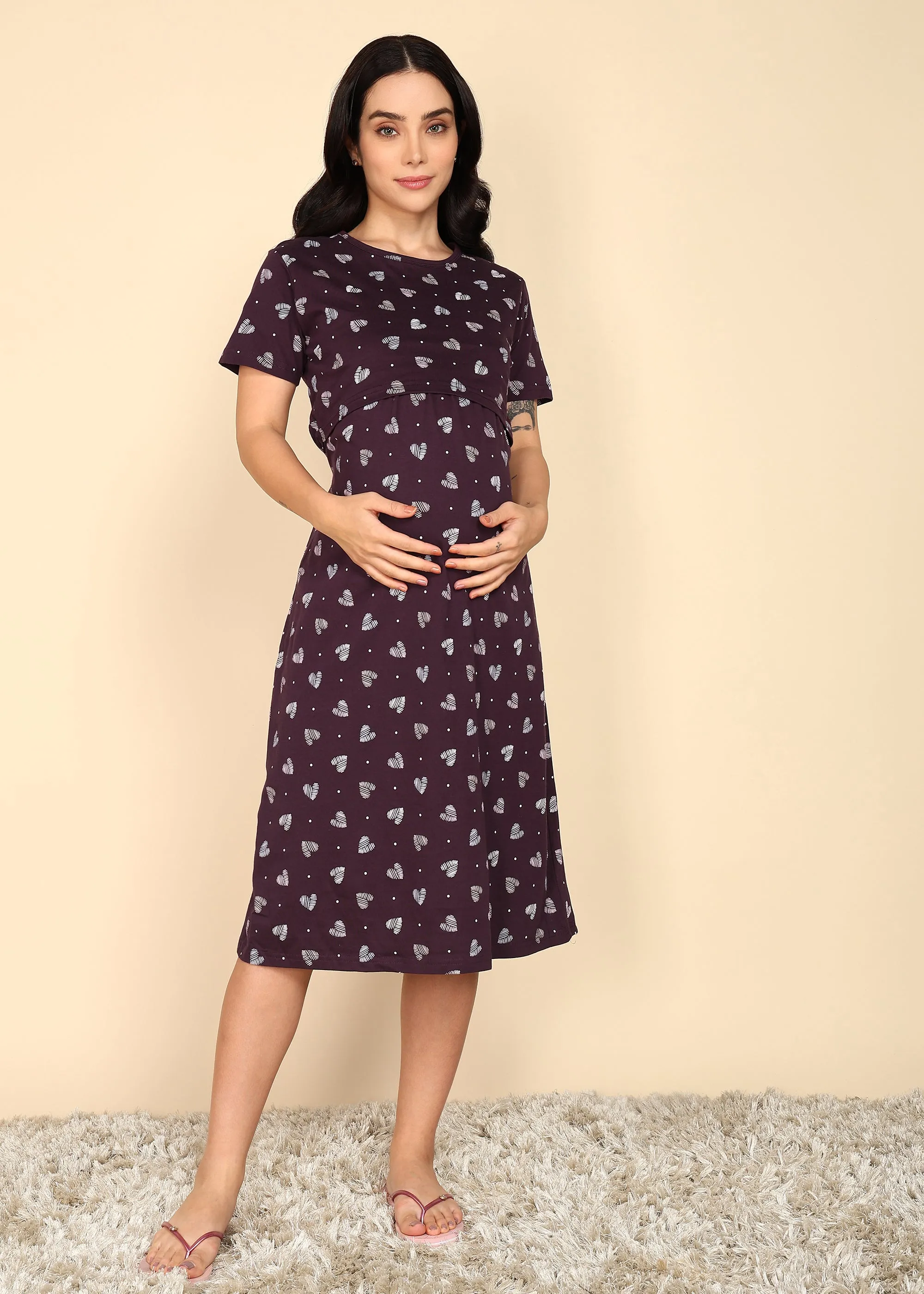 Wine Knitted Cotton Maternity Loungewear Dress