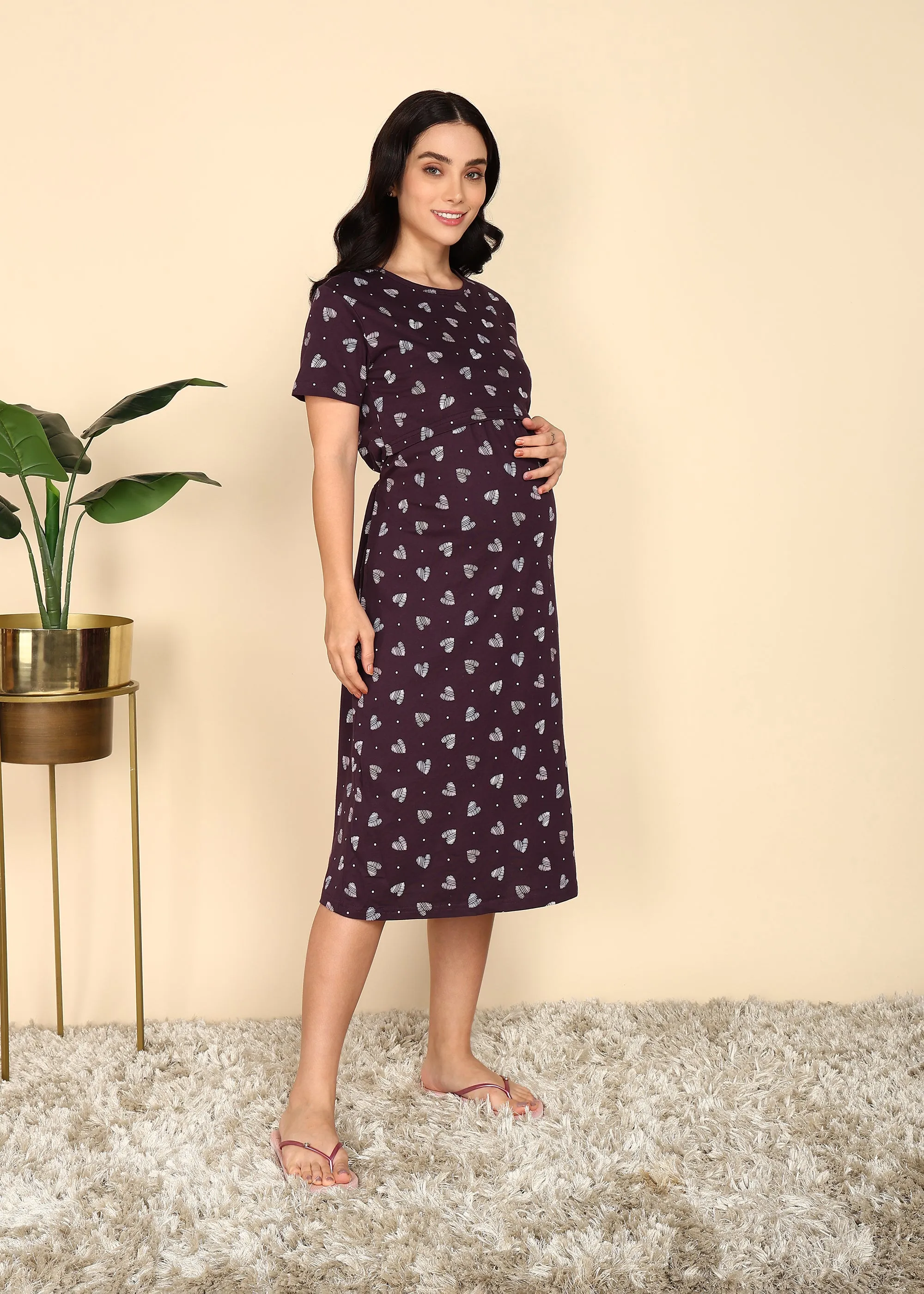 Wine Knitted Cotton Maternity Loungewear Dress